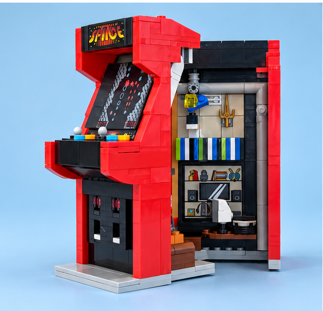 Professional studio photograph of Skye's red LEGO arcade cabinet with a detailed game room interior