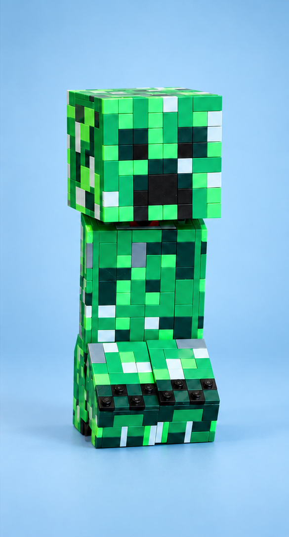 Professional studio photograph of Skye's green pixel-style LEGO Creeper figure