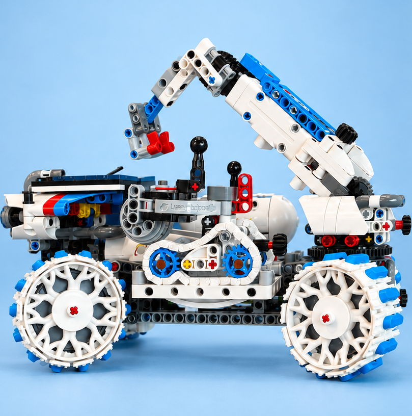 Professional studio photograph of Skye's white and blue LEGO rover with a raised robotic arm