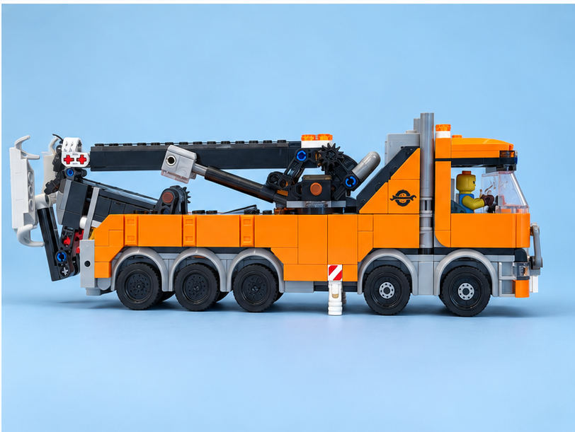 Professional studio photograph of Skye's orange LEGO tow truck