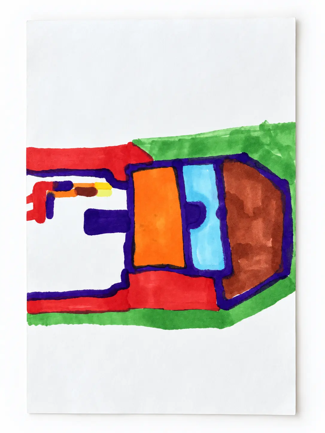 Skye’s colorful hand-painted machine artwork, displayed right-side up in studio lighting