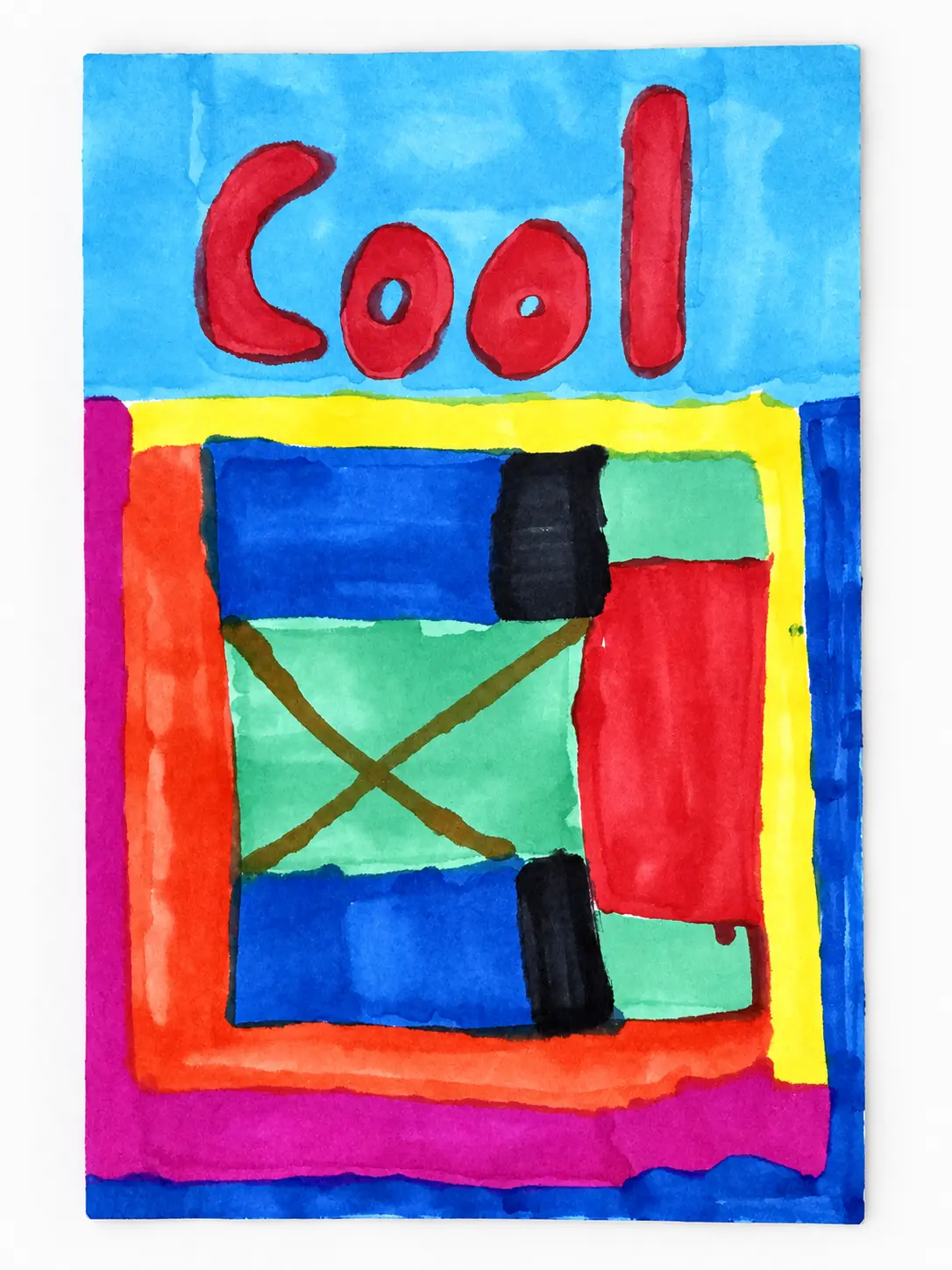 Skye’s colorful hand-painted Cool artwork, displayed right-side up in studio lighting