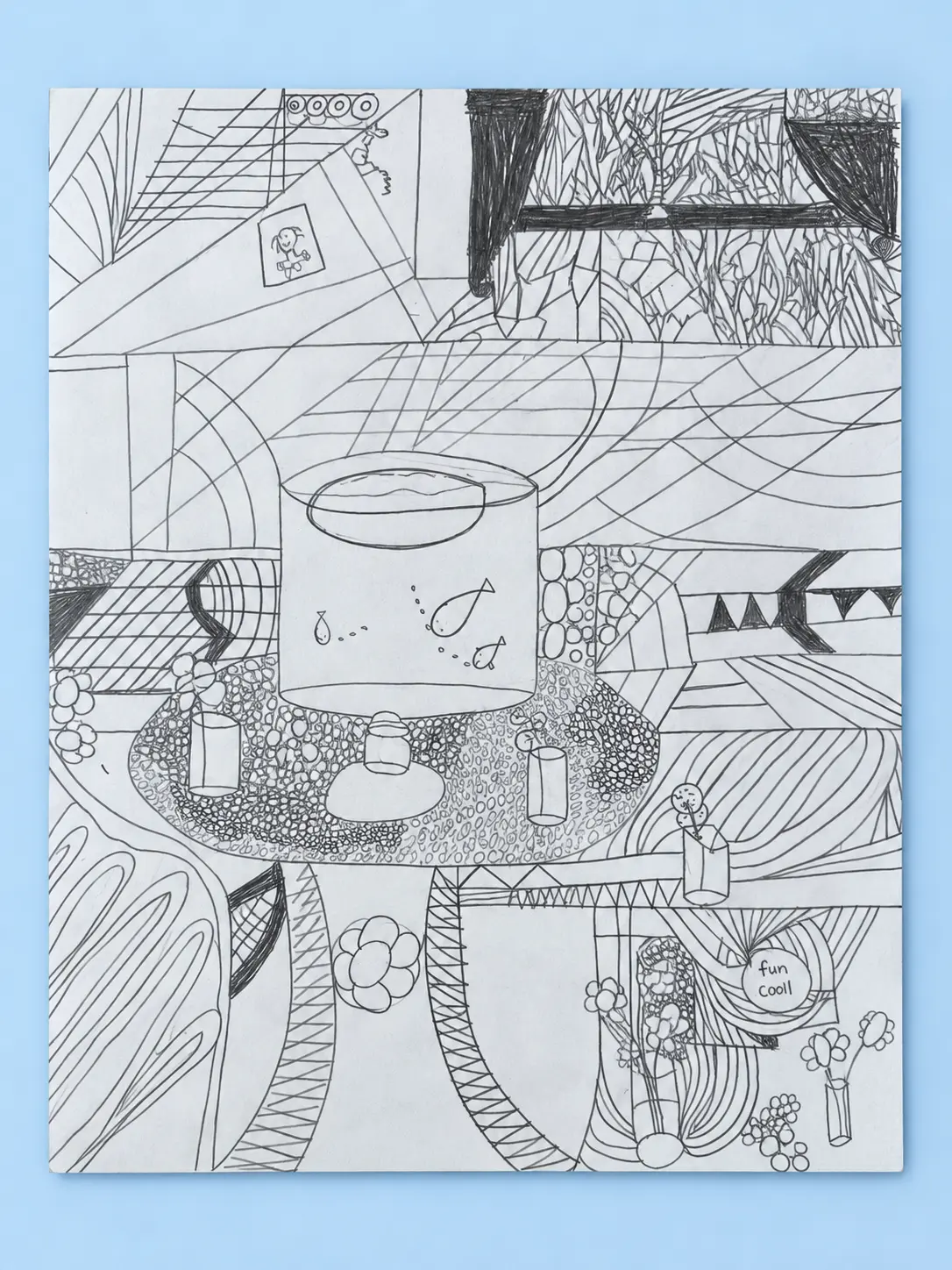 Skye’s original detailed Fun Cool World drawing, displayed upright with clean professional studio lighting