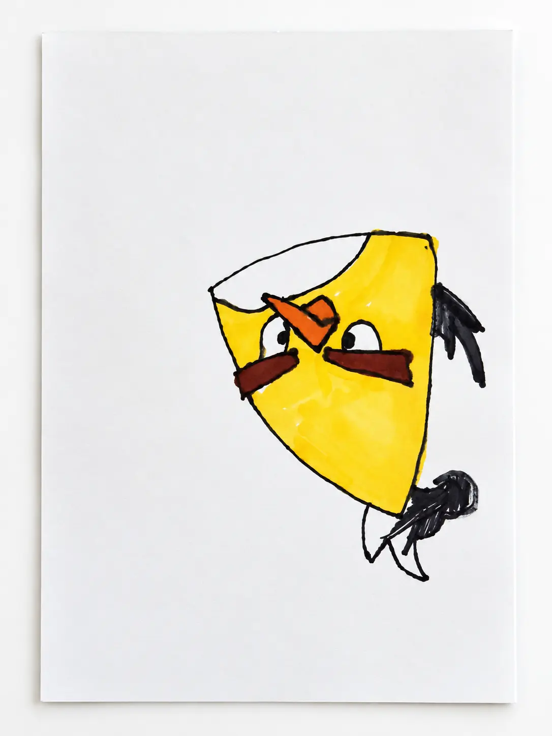 Skye’s original hand-drawn yellow bird artwork in clean studio lighting