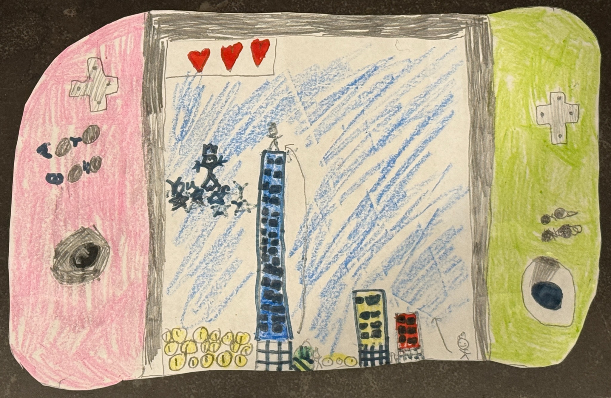 Skye’s original drawing of a handheld video game with a stick figure, buildings, hearts, and controls