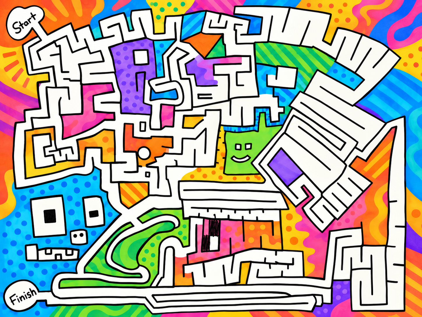 A bright, colorful maze by Skye with a start in the upper left and finish in the lower left