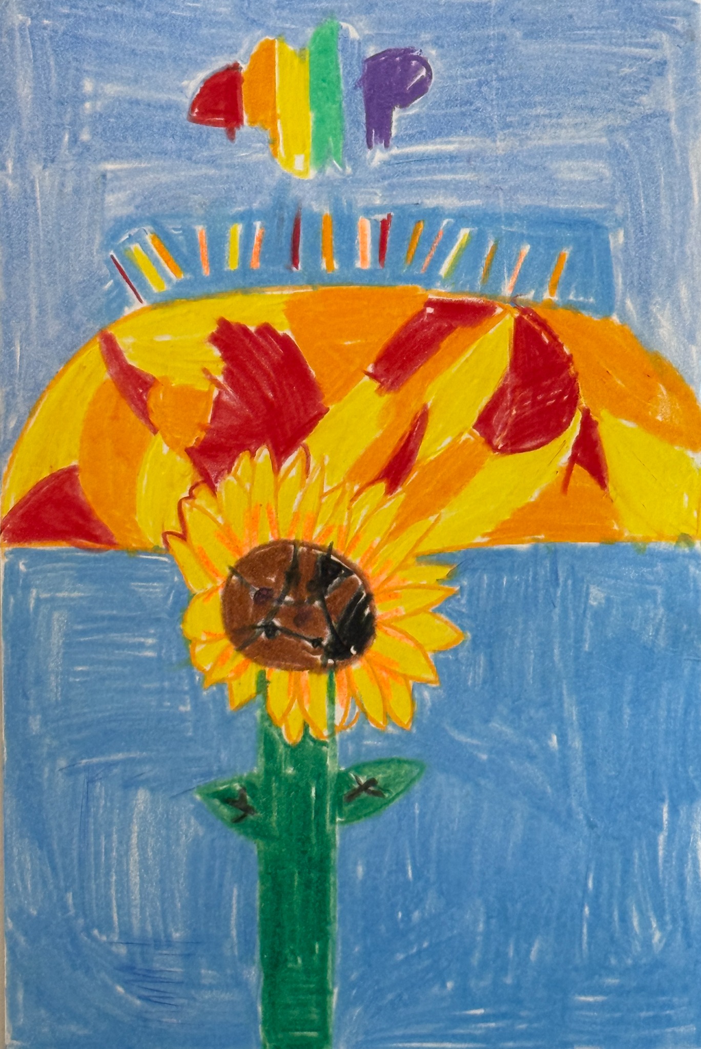 Skye’s colorful Sunny Sunflower artwork with a rainbow cloud, orange hills, and blue sky