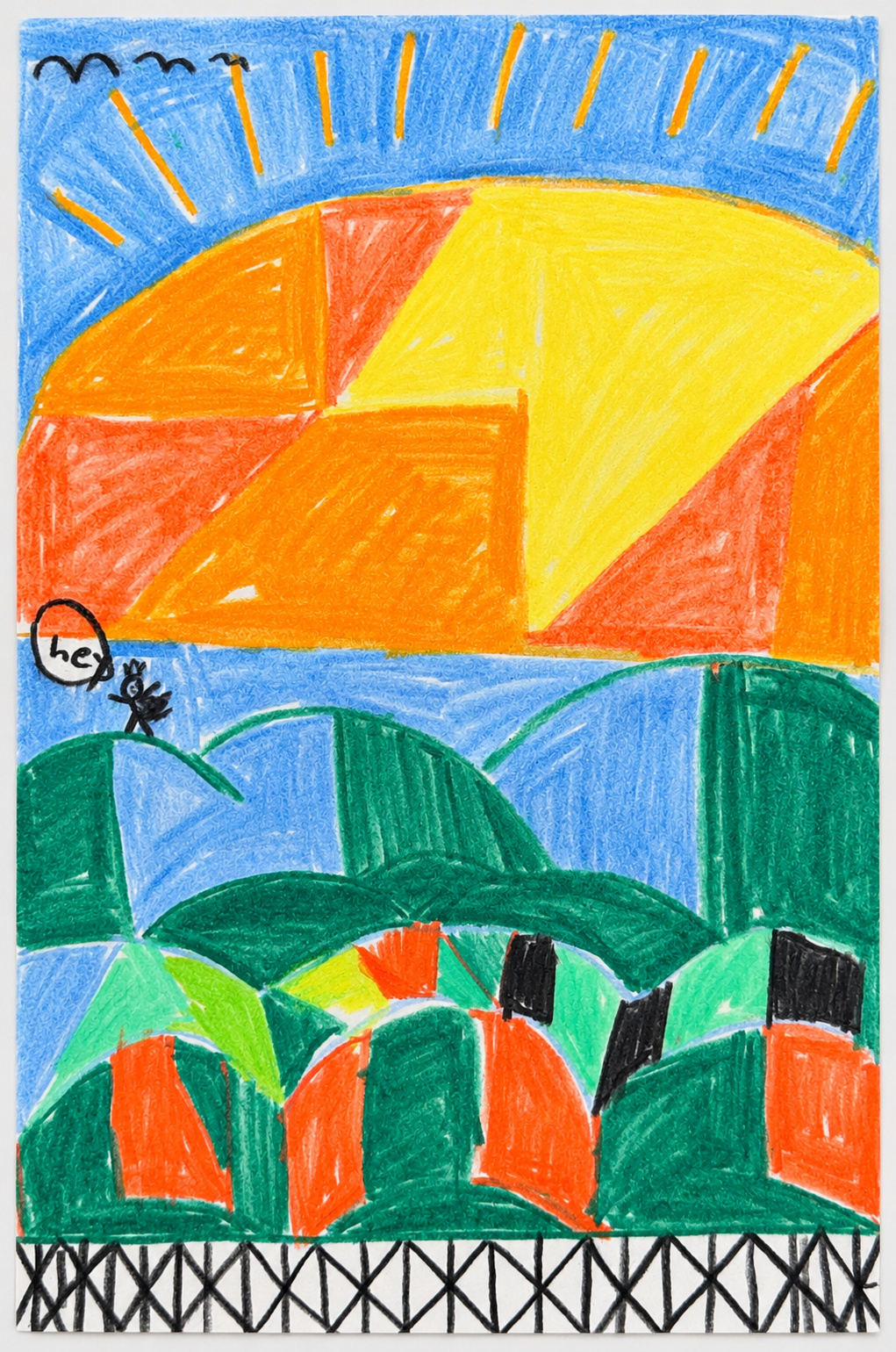 Skye’s original drawing of a giant golden sun, colorful green hills, birds, and a little waving stick figure
