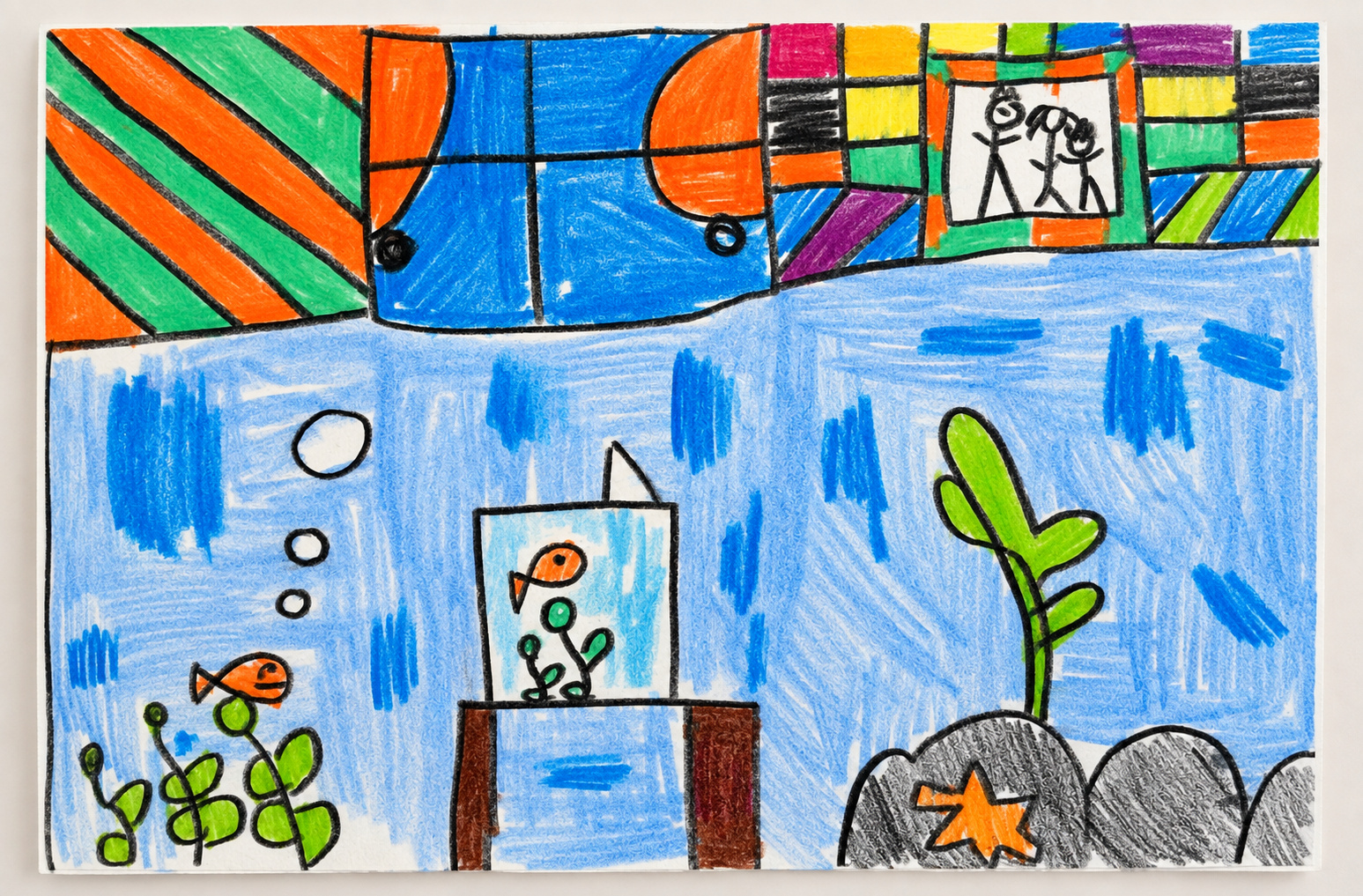 Skye’s original underwater drawing with orange fish, bubbles, green plants, a starfish, and three stick figures in a colorful frame